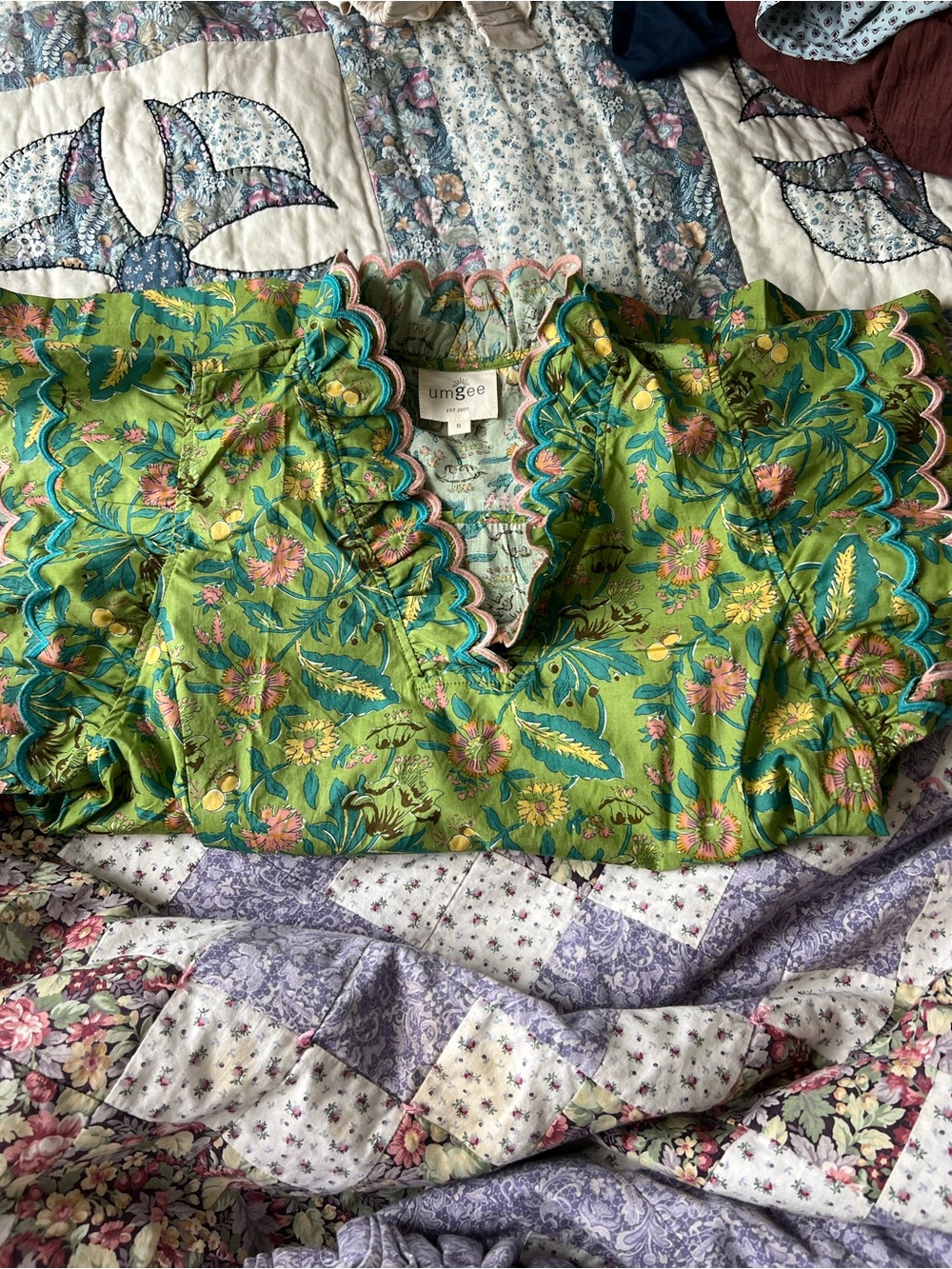 Umgee Green Floral Ruffled Trim Blouse with Pink & Teal Accents - Picture 6 of 6